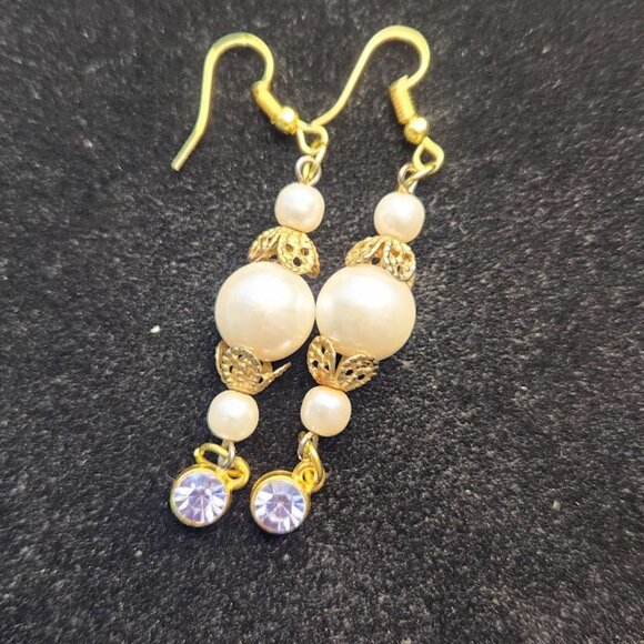 Handmade, Earrings with Upcycled Vintage Faux Pearls, Purple Crystal, Dangle - Picture 4 of 4